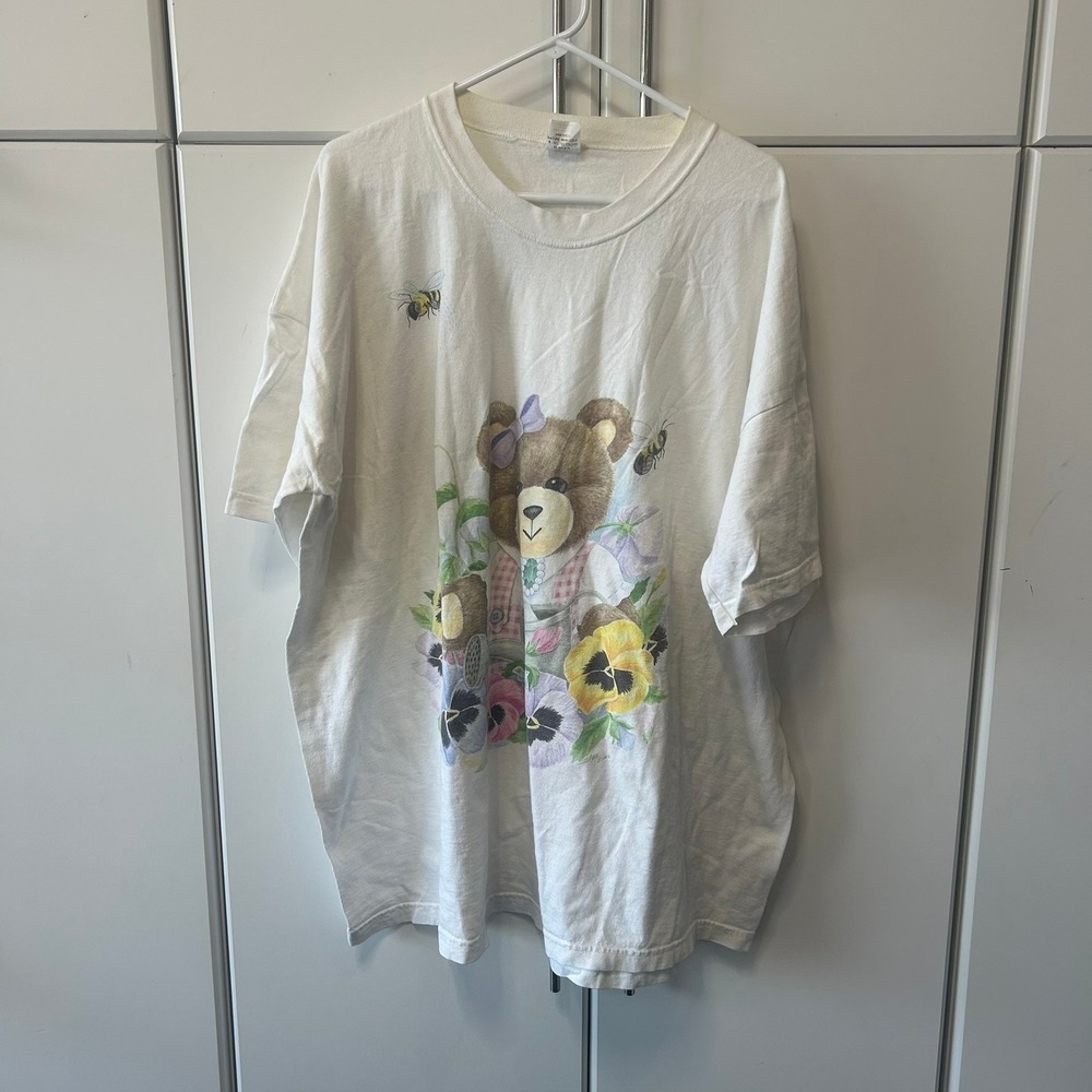Vintage Katz Teddy Bear Pansy Bee Graphic Nightshirt White Cotton OS 1X 2X 3X